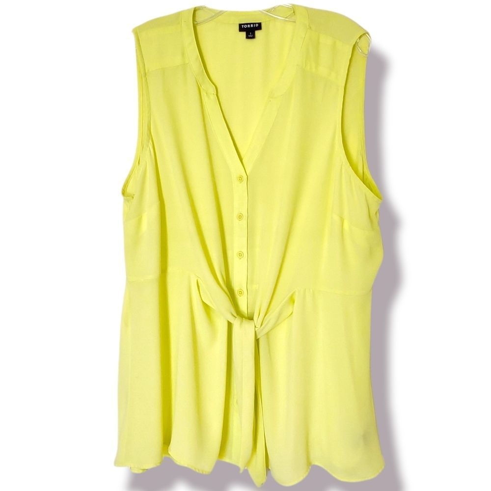 Torrid 1 Yellow Chiffon Top Sleeveless V‎ Neck Waist Tie Long Length